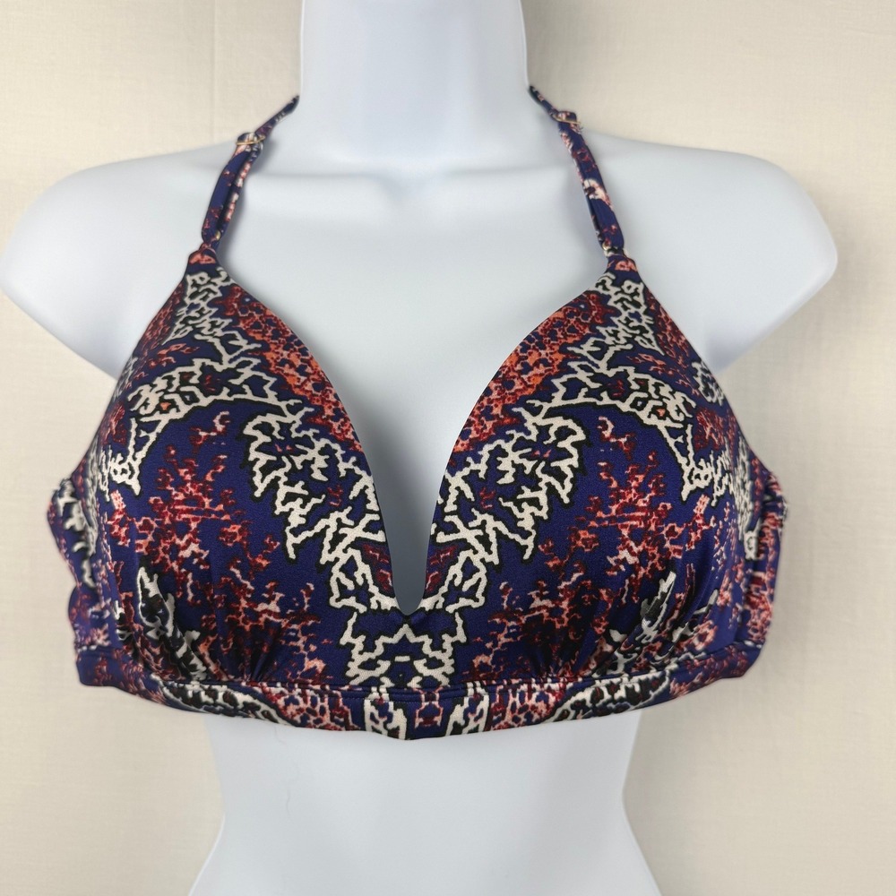 Athleta Women Blue Red Paisley Multi Strap Caged Back Halter Bikini Top Large